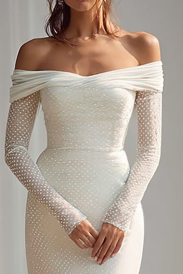 Off The Shoulder Ivory Sheath Wedding Dress With Long Sleeves